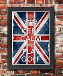 KC15 Framed Vintage Style Union Jack Keep Calm And Play Golf Sport Poster Print Re-Print - A3