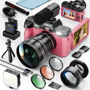 8K 64MP Digital Cameras for Photography,16X Zoom,3 Color Filters,Dual-Lens | 180°Flip Screen,WiFi,Microphone, Tripod, Wide & Macro Lens Kit,2 Batteries, 32GB TF Card,Vlogging and Travel,Beginners