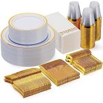 Goodluck 350 Piece Gold Dinnerware Set for 50 Guests, Plastic Plates Disposable for Party, Include: 50 Gold Rim Dinner Plates, 50 Dessert Plates, 50 Paper Napkins, 50 Cups, 50 Gold Silverware Set