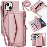 DKDKSIP for iPhone 14 Plus Wallet Case for Women, Support Wireless Charging with RFID Blocking Card Holder, Leather Zipper 2 in 1 Detachable Magnetic Phone Case with Crossbody Strap Wristlet, Pink