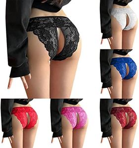 Sexy Crotchless Lingerie Panties for Women Ladies Naughty Crochet Thongs V-Back Floral Lace Plus Size Hollow Out Underwear Tummy Control Thong,Black,XXXXL