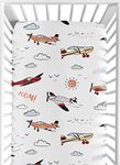 Sweet Jojo Designs Vintage Airplane Boy Fitted Crib Sheet Baby or Toddler Bed Nursery - Grey Yellow Orange Red White and Blue Airplanes Air Plane Transportation Clouds Sun Sky Aviator Aviation