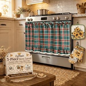 Zyfhaiz 3-Pcs Farmhouse Oven Skirt Curtain Set (Teal & Red Plaid)