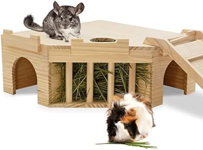 Fhiny Guinea Pig Wooden Castle with Hay Holder, Ventilated Chinchilla Hideout with Feeding Bowl Ladder, Small Animal Multi Chamber Hideaway for Young Guinea Pigs Chinchillas Hedgehogs