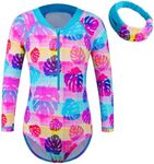 ZNYUNE Girls One-Piece Long-Sleeved Sleeveless Swimsuit Fabric Print Kids Swimsuit, 429 Rainbow Leaf, 8-9 Years