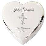 Crezusvo Personalized Heart Jewelry Keepsake Box with Custom Engraved Cross and Name for First Communion Gift for Girls,Silver Toned, FBA-JS001