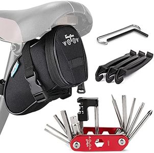 WOTOW Bike Repair Tool Kit & Bike Saddle Bag, 14 in 1 Bike Chain Tool Hex Key Wrench Maintain Accessories Multitool Set with Portable Under Seat Bag for Road Mountain Commuter Bicycle(Red)