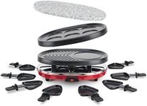 H.Koenig RP412 Raclette Device 4 in 1/8 People/Raclette, Natural Stone Grill, Crepe Plate and Grill Plate/with 8 Pans / 900 W/Black/Red