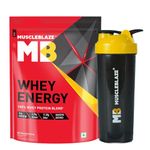 MuscleBlaze Whey Energy (Chocolate, 1kg / 2.2lbs) | 24g Protein, 100% Whey Protein Blend, Added Digestive Enzymes with Shaker, 650ml (Combo Pack)