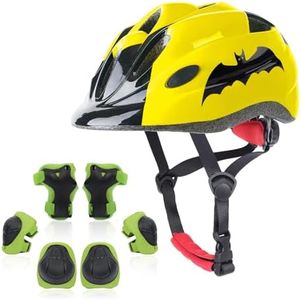 Atphfety Kids Helmet Set,Toddler Helmet for Boys Girls Age 5-8 with Knee Elbow Pads Wrist Guards for Bike Skating Skateboard Cycling Scooter Rollerblading (S:50 cm - 54cm/19.7-21.2 inch, Bat)