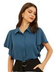 GRACE KARIN Ladies Elegant Ruffle Sleeve Blouse Button-up Summer OL Chiffon Shirt Tops for Business Blue M