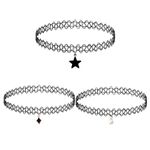 HLMYER 3 PCS Black Choker Necklace for Women,Plastic Choker Necklace Kit,Black Stretch Gothic Tattoo Choker Chain,Kids Chokers Necklace with Stars,Pearls,Rhombus Pendant,Chain Jewelry for Teen Girls