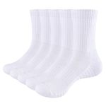 YUEDGE Women's Golf Tennis Training Sports Socks Moisture Wicking Breathable White Cotton Cushioned Crew Socks for Women Ladies 4-7, 5 Pairs