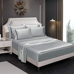 RevenRella 6 Piece Satin Bed Sheet Set Italian Style Bedding Sets Deep Pocket Rich Silk Super Soft Silky Luxury Solid Color Honeymoon Sexy Reversible Stain-Resistant Wrinkle Free (Light Grey, Queen)