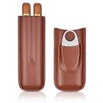 cgaplus 2-Finger Leather Cigar Case with Cutter Leather Lined Cigar Humidor Portable Travel Cigar Case Brown