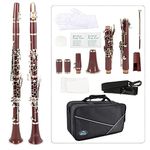 EASTROCK Clarinet Bb Flat 17 Nickel Keys Clarinet Durable and Lightweight ABS Material with with Mouthpiece,Leather Wooden Case,Stand, 2 Barrels and More(Coffee)