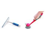 Cello Kleeno Kitchen Platform and Plastic Glass Wiper (Blue and White) & Kleeno Dual Action Sink and Dish Brush (Red and Grey) Combo