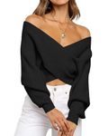 BTFBM Women Casual V Neck Long Sleeve Sweaters Cross Wrap Front Off Shoulder Asymmetric Hem Knitted Crop Solid Pullover, Solid Black, Medium