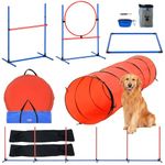 VEVOR Dog Agility Training Equipment, 5 PCS Set Upgrade with Adjustable High Hurdles,6 Weave Poles,Extended Tunnel,Jump Ring,Pause Box,Whistle,Foldable Bowl,Puppy Obstacle Course Kit with Storage Bag