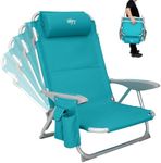 #WEJOY 4-Position Adjustable Beach Chair for Adults, Folding Low Beach Chair Lightweight & Portable, High Back Pillow Pocket Outdoor Garden Reclining Camping Beach Chair, Cyan