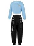 TTAO Girls 2Pcs Tracksuit Tops Pants Hip-hop Dance Tracksuit Sweatsuits Set with Pockets Light Blue 12 Years