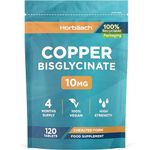 Copper Bisglycinate 10mg | Chelated Form | High Strength Copper Supplement | 120 Vegan Tablets | by Horbaach