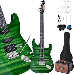 Leo Jaymz 39" Full Size ST Style Electric Guitar Starter Kit with SSH Pickup, 5W Portable Amp, Tuner, Gig Bag, Strap & Accessories (Green Flame)