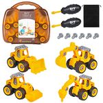 Januts Take-Apart Construction Vehicles Mini Engineering Toy Play Set 4 Pack, Excavator, Road Roller, Bulldozer, Ground Drilling Rig, DIY Building Educational Toys for Boys Girls Kids Age 3+ Yellow