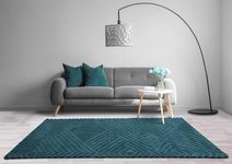 Hague Hand Made Wool Rug for Bedroom Dining Living Room Geometric Lines Tufted Modern Classic Soft Luxury Rug Teal Blue 160x230 cm (5'3"x7'7") Large