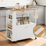 YITAHOME Mobile Kitchen Island Cart with Power Outlet, 33 Inch Rolling Kitchen Cart with Storage, Small Serving Utility Carts on Wheels with Open Shelves for Kitchen, Dining Room, White