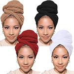 Xtrend 4 Pieces Stretch Jersey Turban Head Wrap Knit Headwraps Urban Hair Scarf Solid Color Breathable Ultra Soft Extra Long Head Band Tie for Women(Camel,Wine Red,Black,White)