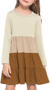 Arshiner Girls Long Sleeve Dress Fall Cotton Crewneck Tiered Ruffle Swing Solid Casual Midi Dresses Khaki Brown 3T