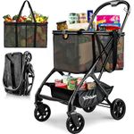 Keoslpy Folding Shopping Cart with Wheels, 75Lbs Collapsible Grocery Cart with Removable Basket&Universal Wheels, One-Click Folding, Personal Portable Shopping Cart for Groceries, Laundry, Camping etc