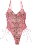 Lilosy Women Sexy Lace Up Floral Embroidered Teddy Lingerie Bodysuit Top Mesh Sheer One Piece, Dark Pink, Medium