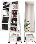 Amyove 360° Swivel Jewelry Armoire, Floor Standing Locking Jewelry Armoire with Full Length Mirror,Bottom Drawer, Shelf, Wheels,White Jewelry Cabinet with Large Storage Capacity (White push-pull)