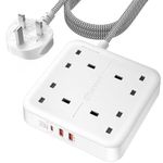 LENCENT Extension Lead with 4 Way Outlets, 3250W 13A Power Strip, PD 20W USB-C and 2 USB-A QC 3.0, 1.8M Braided Extension Cord, Multi Power Plug Extension for Home and Office, White