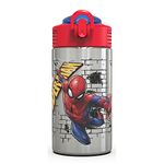 Zak Designs Stainless Steel One Hand Operation Lid and Built-in Carrying Loop Water Bottle with Straw Spout is Perfect for Kids (15.5 oz, BPA Free), 1 Count (Pack of 1), Marvel Comics ,Spiderman SS