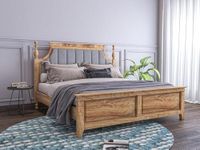 Sheeshamwallah Wooden King Size Bed Without Storage | Low Height Cot with Grey Upholstered Cushion Headboard | Solid Sheesham Wood, Teak Finish | Mattress Size: 78 X 72