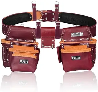 FUERI Adjustable Tool Belts for Men, Framers Pouch, Heavy Duty Construction 100% Leather Rig, Maroon 17 Pockets Tool Organization Bag with Hammer Holder for Electricians and Carpenters.