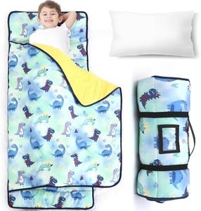 COSMOPLUS Toddler Nap Mat for Daycare: Kids Sleeping Bag with Pillow and Blanket Set for Preschool Kindergarten Boys Girls Travel Naptime Extra Long Thick Padded Easy Roll up, Dinosaur