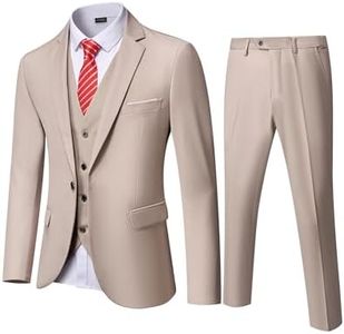 YND Men's Slim Fit 3 Piece Suit, One Button Jacket Vest Pants Set with Tie, Solid Party Wedding Dress Blazer, Tux Waistcoat and Trousers Beige