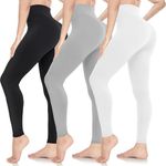 ACTINPUT Black Leggings for Women Soft High Waisted Tummy Control Leggings Sports Workout Gym Running Yoga Pants (3pcs Black/Light Grey/White,S-M)