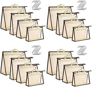 16 Pack Clear Handbag Storage Organizer and 16 Stainless Steel S-Hooks Anti-dust Purse Storage Bags with Zipper and Handle Moisture Proof Dust Cover Organizer Bags for Closet Hanging, 4 Assorted Sizes