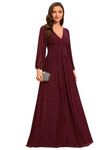 Ever-Pretty Women's Glitter A Line V Neck Pleated Long Sleeve Evening Dress Burgundy 22UK