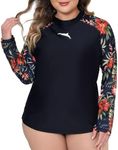 Halcurt Women's Plus Size Long Sleeve Rash Guard Shirts Swim Top UPF50+ Sun Protection Loose Fit Quick Dry Swimsuit, Black/Red Floral, 3X-Large