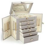 KAMIER 6-Tier Jewelry Box for Women, Large Organiser with Mirror & 5 Drawers, Ideal for Rings, Earrings, Necklaces & Bracelets, Grey