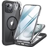 Miracase Glass Series for iPhone 15 Case [Compatible with MagSafe] Full-Body Magnetic Bumper Case with Built-in 9H Tempered Glass Anti-Fingerprint Screen Protector + Camera Lens Protector, Black