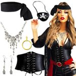 JeVenis Black Pirate Costume Accessories Set Pirate Headband Wrap Eye Patch Earring Necklace Waist Belt Halloween Costume