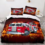 CTQTZ Red Fire Truck Duvet Cover Set Single Size Cartoon Car Bedding Set Firemen Car Vehicle Fire Engine Red for Kids Adult Bedspread Cover Room Decor 2 Pcs With 1 Pillow Case