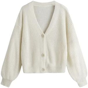 SweatyRocks Girl's Long Sleeve Drop Shoulder V Neck Button Front Ribbed Knit Cardigan Sweaters Solid White 11-12Y